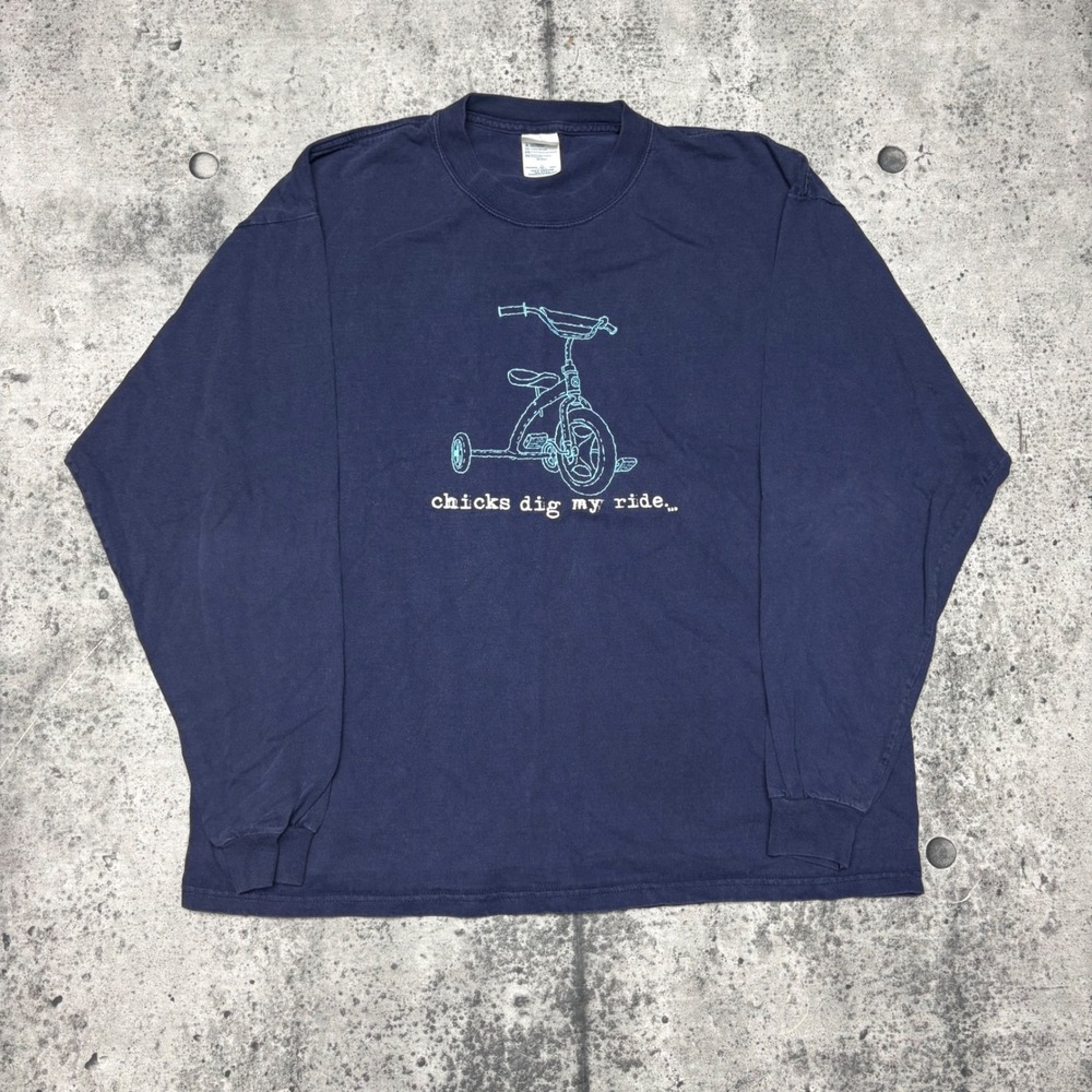 Vtg Delta Magnum Weight Navy Blue Long Sleeve Graphic Tee Chicks Dig My Ride XL